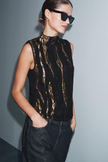 ZW COLLECTION LIMITED EDITION SEQUIN TOP - Black gold by Zara