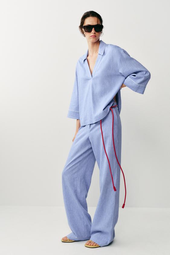 TROUSERS WITH LINEN AND CONTRASTING TRIM - Light blue by Zara - Image 0