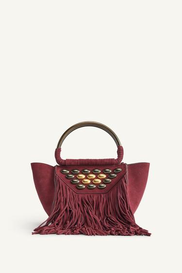LIMITED EDITION FRINGED SPLIT SUEDE MINI CITY BAG - Burgundy Red by Zara