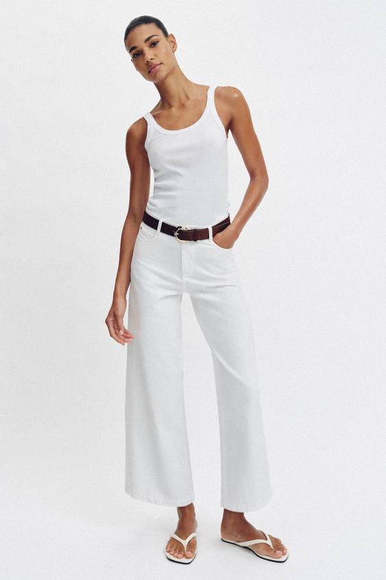 HIGH-WAIST WIDE-LEG CROPPED BELTED JEANS - White by Zara - Image 0