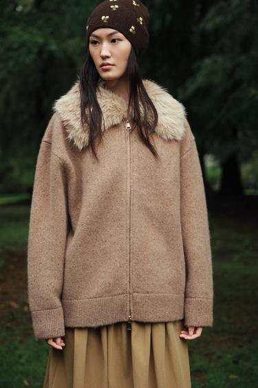 100% WOOL FAUX FUR LAPEL JACKET - Toffee by Zara