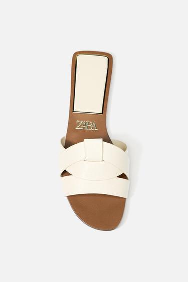 FLAT CRISS-CROSS LEATHER SLIDER SANDALS - White by Zara