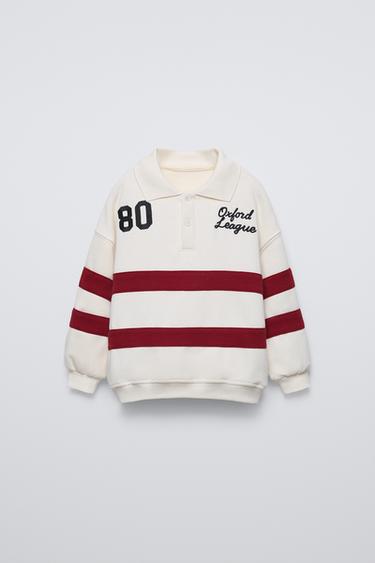 STRIPED POLO SWEATSHIRT - Ecru / Maroon by Zara - Image 0