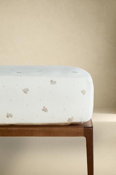 CHILDREN'S MUSLIN ELEPHANT FITTED SHEET - Grey by Zara