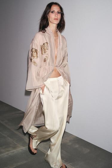 SILK KIMONO WITH EMBROIDERY AND BEADS - Sand by Zara