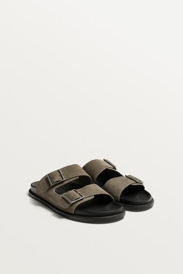 DOUBLE-STRAP LEATHER SANDALS - Taupe Grey by Zara