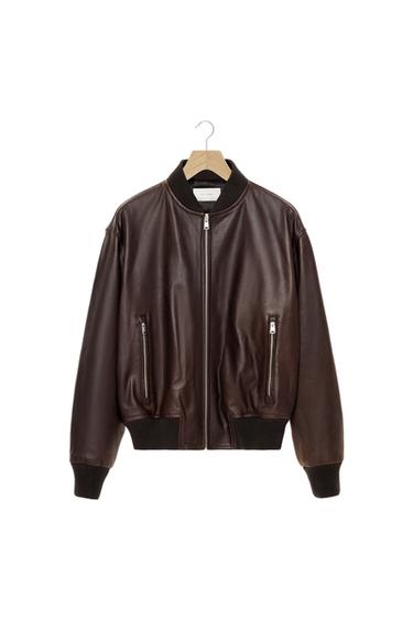 WAXED LEATHER BOMBER JACKET - Dark brown by Zara