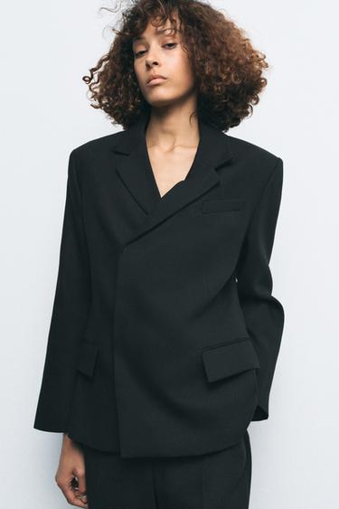 DOUBLE-BREASTED LINEN BLEND BLAZER ZW COLLECTION - Black by Zara