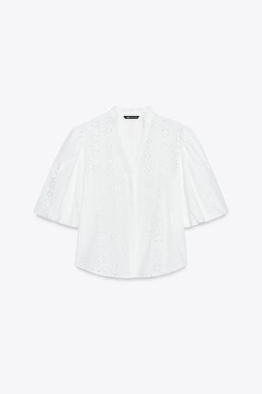 SHIRT WITH CUTWORK EMBROIDERY AND PUFF SLEEVES - White by Zara