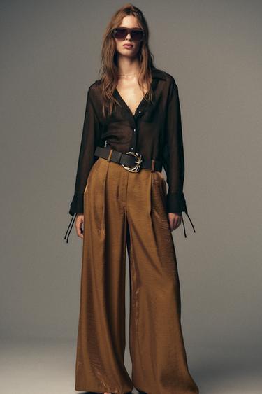 WIDE SATIN TROUSERS WITH BELT - Caramel by Zara