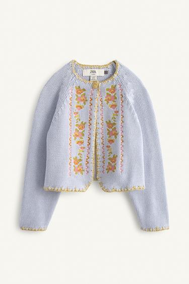 CROSS-STITCH EMBROIDERED FLOWER KNIT CARDIGAN LIMITED EDITION - Sky blue by Zara