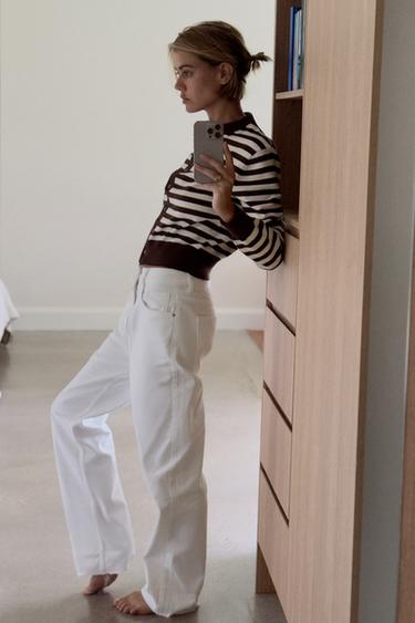STRIPED KNIT CROPPED CARDIGAN - Brown / Ecru by Zara - Image 0