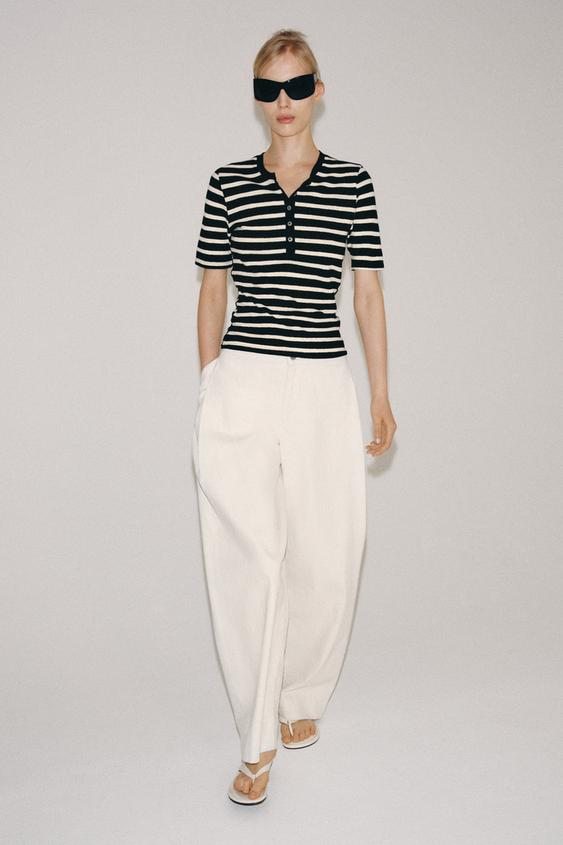 LINEN BLEND BUTTON-UP T-SHIRT - Ecru / Black by Zara - Image 0