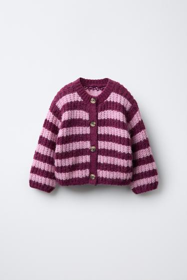 STRIPED CHUNKY KNIT CARDIGAN - Pink by Zara