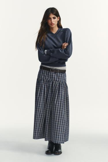 CHECKED MIDI SKIRT WITH BELT - Blue / Navy by Zara