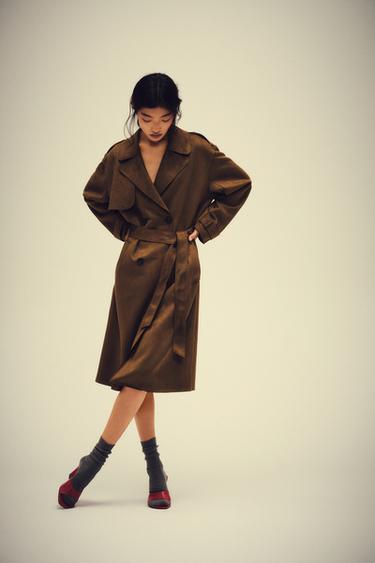 LONG FAUX SUEDE TRENCH COAT WITH BELT - Brown by Zara
