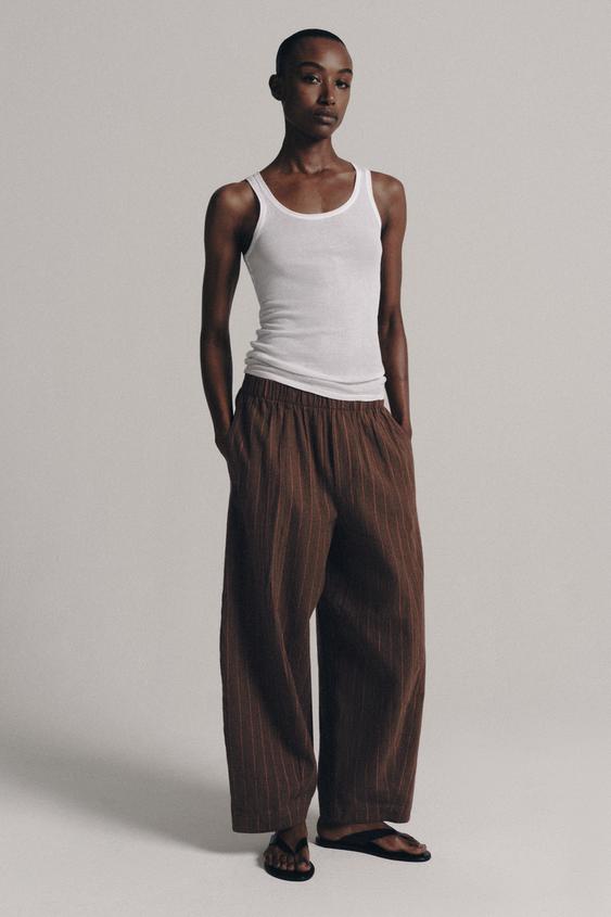 ZW COLLECTION STRIPED LINEN BLEND TROUSERS - Brown by Zara - Image 0