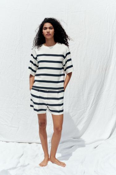 STRIPED BERMUDA SHORTS WITH DARTS - White / Navy by Zara - Image 0