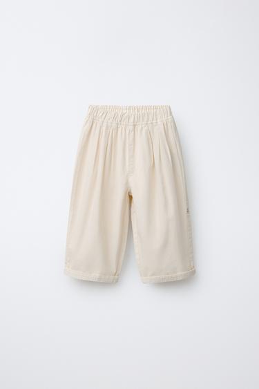 BALLOON CANVAS TROUSERS WITH LABEL - Light beige by Zara