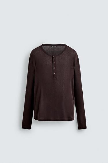 LYOCELL - COTTON HENLEY COLLAR T-SHIRT - Burgundy by Zara