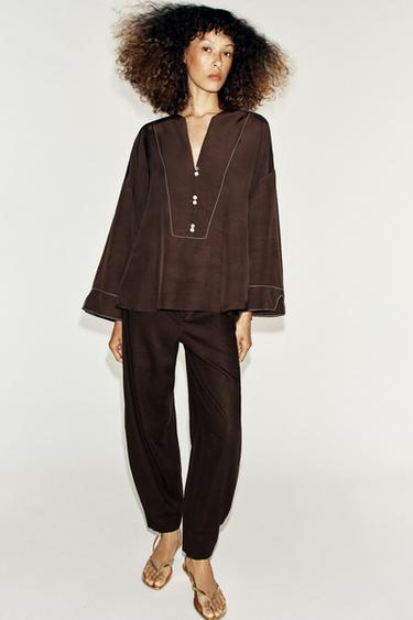 LINEN BLEND SHIRT WITH CONTRAST STITCHING - Brown by Zara