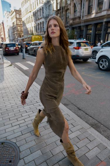 100% LEATHER MIDI DRESS - Khaki by Zara - Image 0