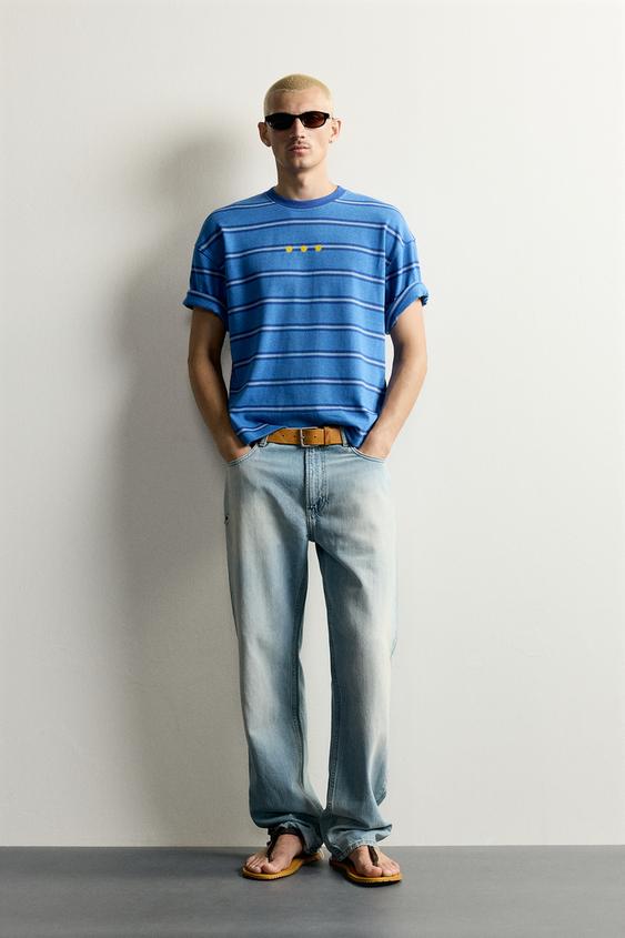 STRIPED JACQUARD EMBROIDERED T-SHIRT - Blue / Indigo by Zara - Image 0