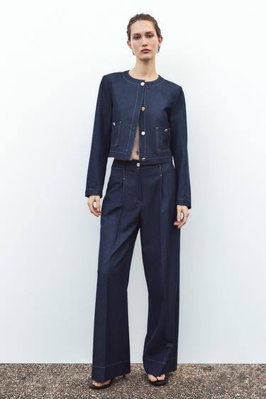 WIDE-LEG TROUSERS WITH CONTRAST TOPSTITCHING - Indigo by Zara - Image 0