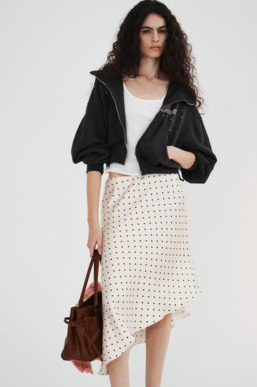 ASYMMETRIC POLKA DOT SATIN SKIRT - Ecru / Black by Zara