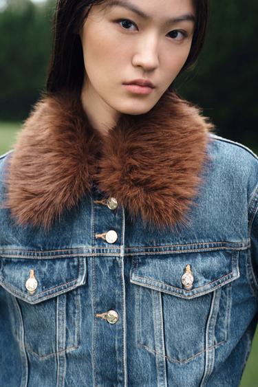 Z1975 FAUX FUR COLLAR SHORT DENIM JACKET - Mid-blue by Zara