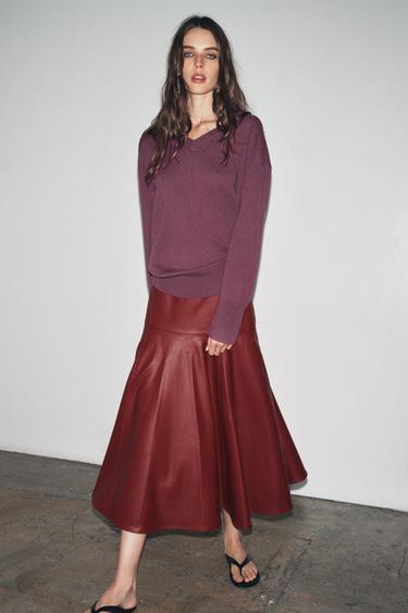 ZW COLLECTION LEATHER EFFECT MIDI SKIRT - Burgundy by Zara