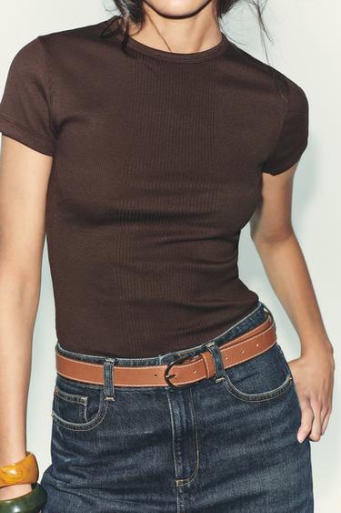 RIB SHORT SLEEVE T-SHIRT - Chocolate by Zara