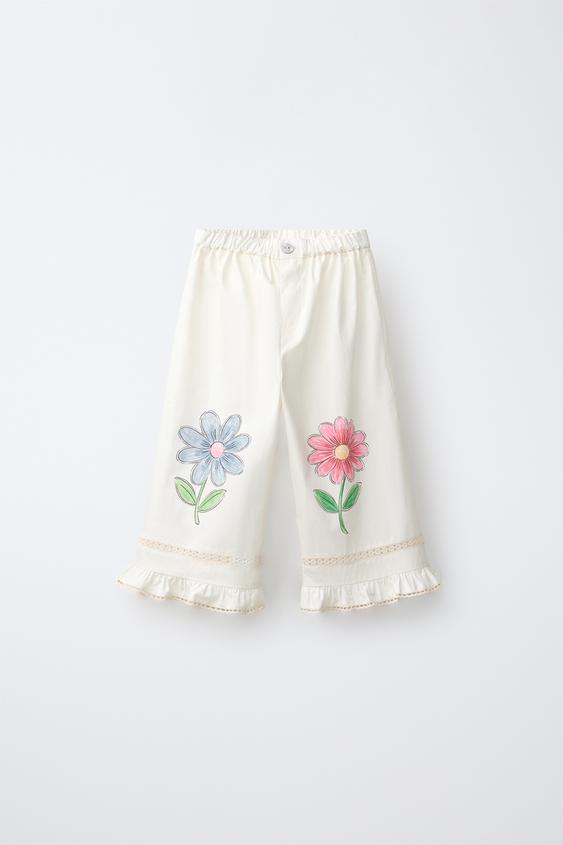 WIDE-LEG FLORAL PRINT TROUSERS - Ecru by Zara - Image 0