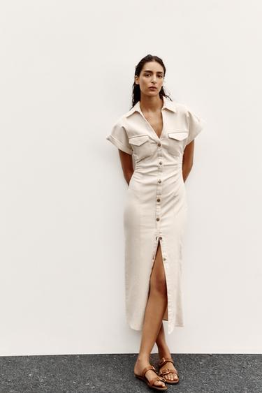 MIDI DRESS WITH GATHERED WAIST - Ecru by Zara