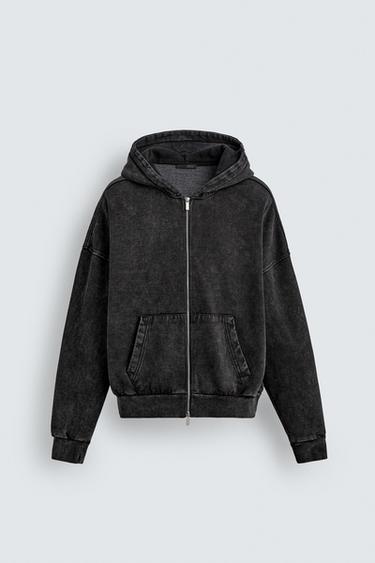 WASHED ZIP-UP HOODIE - Dark grey by Zara