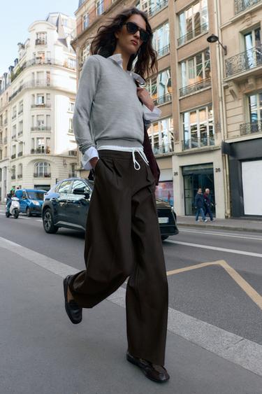 WIDE-LEG TROUSERS WITH DOUBLE WAISTBAND - Brown Stripes by Zara