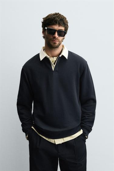 CONTRAST COLLAR POLO SWEATSHIRT - Navy blue by Zara