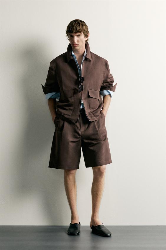 LINEN/COTTON RELAXED FIT PLEATED BERMUDA SHORTS - Brown by Zara - Image 0