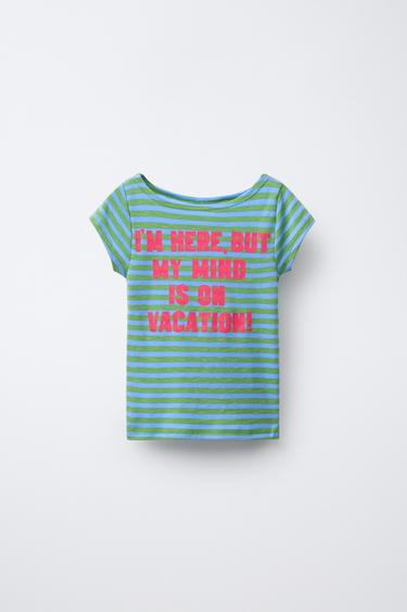 STRIPED T-SHIRT WITH TEXT - Green by Zara