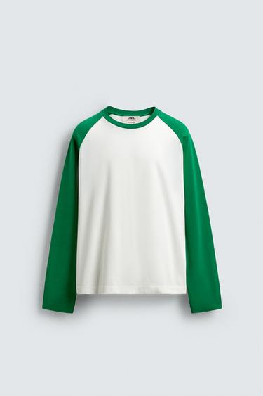 REGULAR FIT COLOUR BLOCK T-SHIRT - White / Green by Zara