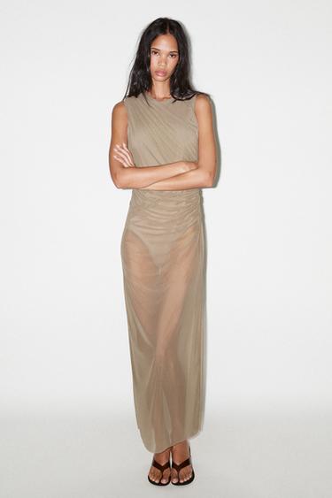 TULLE BODY MIDI DRESS - Taupe grey by Zara - Image 0