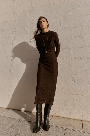 POINTELLE DRAPED MIDI DRESS - Brown by Zara
