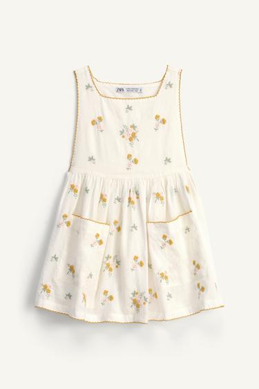 LIMITED EDITION LINEN PINAFORE DRESS WITH EMBROIDERED FLOWERS - Mid-ecru by Zara
