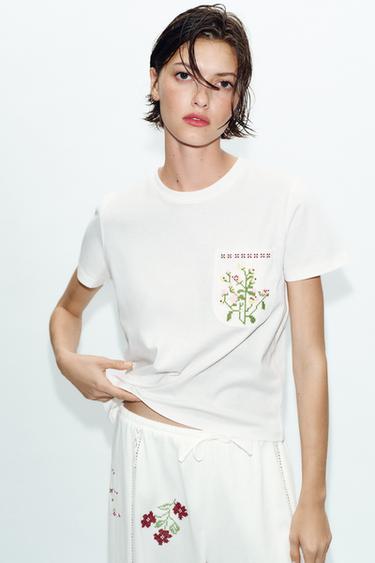 EMBROIDERED POCKET T-SHIRT - White by Zara