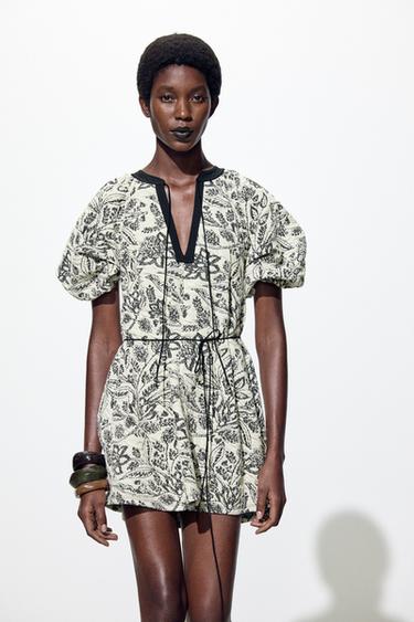 JACQUARD DRESS WITH BELT - Ecru / Black by Zara - Image 0