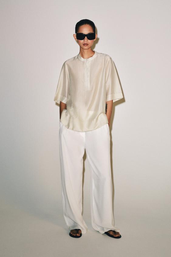 ZW COLLECTION FLOWING SHORT SLEEVE BLOUSE - Ecru / Black by Zara - Image 0