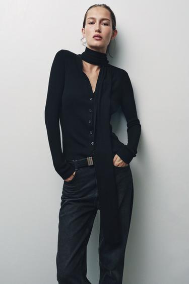 RIB KNIT CARDIGAN WITH SCARF - Black by Zara
