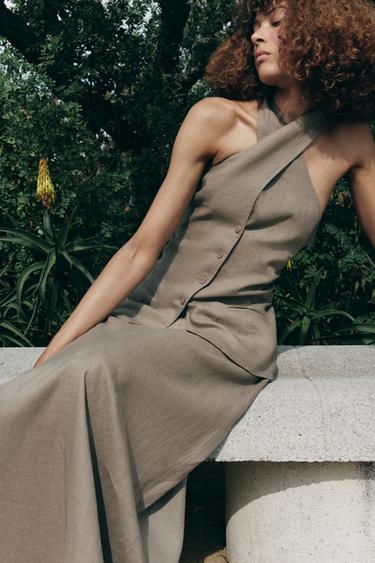 100% LINEN MIDI SKIRT ZW COLLECTION - Mink by Zara