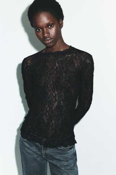 LACE LONG SLEEVE TOP - Black by Zara