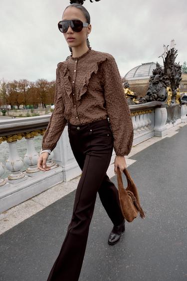 RUFFLED CHECK BLOUSE - Brown / Ecru by Zara